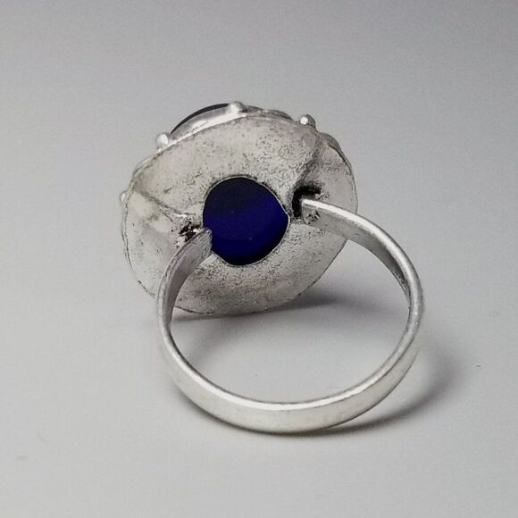 Vintage Blue Glass Evil Eye Ring, Silver Tone Bezel Set Size 8 Band, Estate - Picture 4 of 9